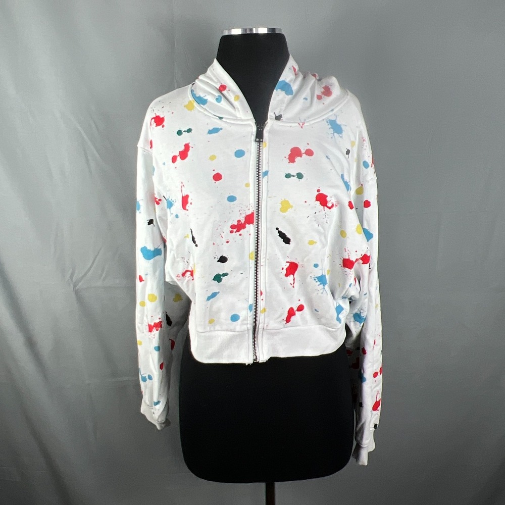 Lea & Viola Cropped Hoodie Women Small Multicolor Paint Splatter Cotton Full Zip